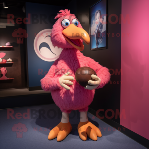Pink Dodo Bird mascot costume character dressed with a Rugby Shirt and Shoe laces