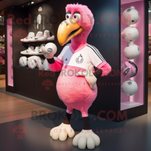 Pink Dodo Bird mascot costume character dressed with a Rugby Shirt and Shoe laces