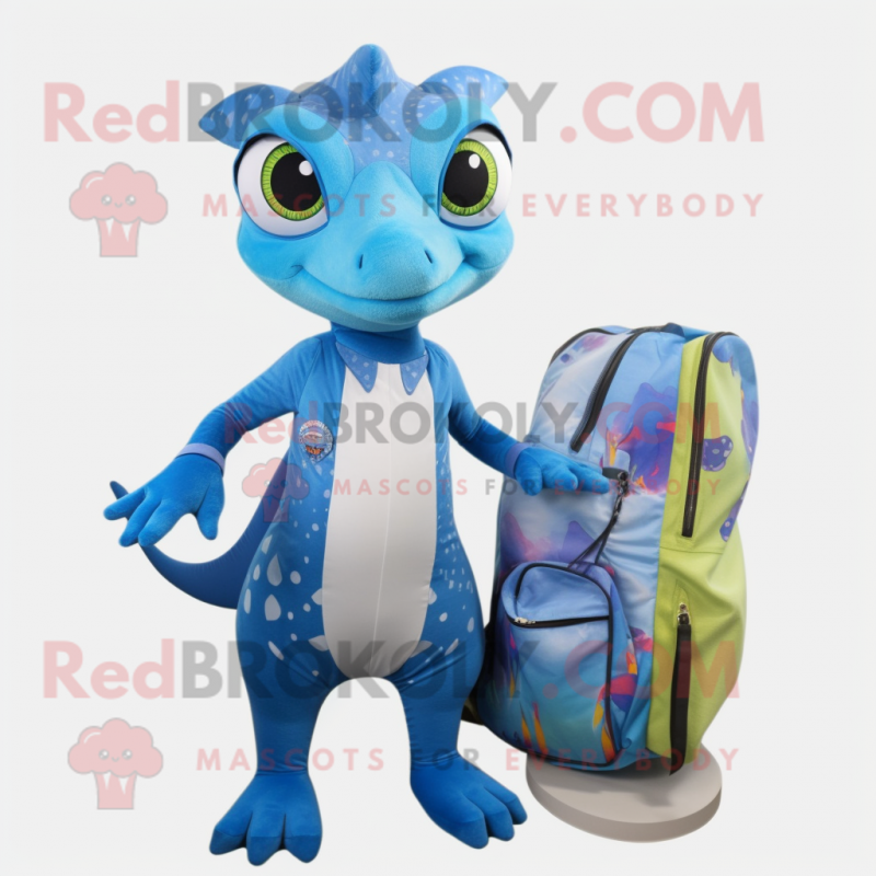 Blue Geckos mascot costume character dressed with a A-Line Dress and Backpacks