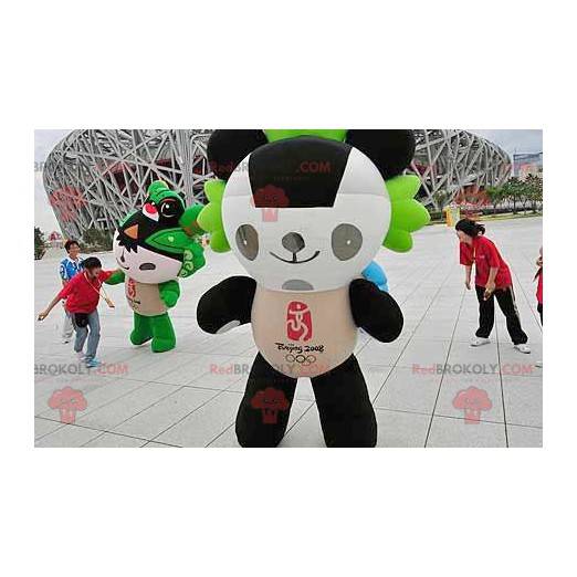 Zwart-witte en groene panda-mascotte - Redbrokoly.com
