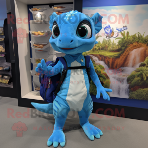 Blue Geckos mascot costume character dressed with a A-Line Dress and Backpacks