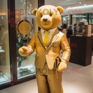Gold Bear mascot costume character dressed with a Polo Tee and Tie pins