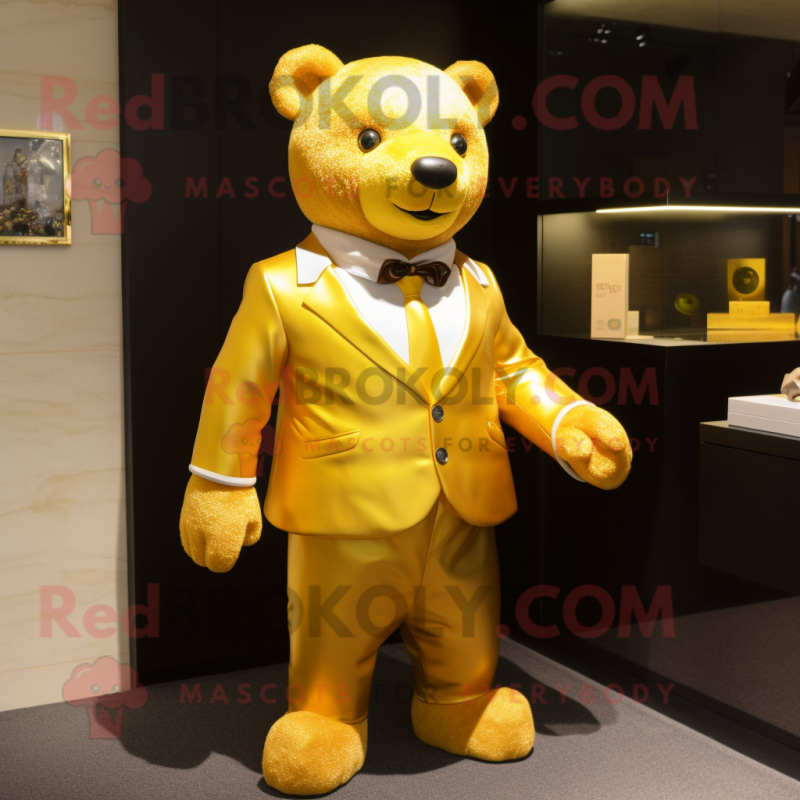 Gold Bear mascot costume character dressed with a Polo Tee and Tie pins Gold Bear mascot costume character dressed with a Polo Tee and Tie pins