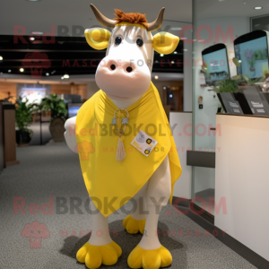 Lemon Yellow Guernsey Cow mascot costume character dressed with a Dress Shirt and Keychains