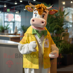 Lemon Yellow Guernsey Cow mascot costume character dressed with a Dress Shirt and Keychains