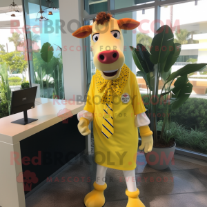 Lemon Yellow Guernsey Cow mascot costume character dressed with a Dress Shirt and Keychains