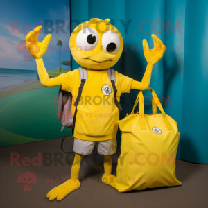 Lemon Yellow Crab mascot costume character dressed with a Joggers and Tote bags