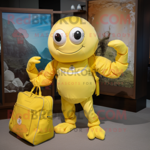 Lemon Yellow Crab mascot costume character dressed with a Joggers and Tote bags