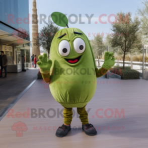 Olive Meatballs mascot costume character dressed with a Skinny Jeans and Gloves