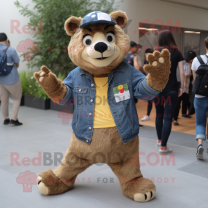 Gold Spectacled Bear mascot costume character dressed with a Boyfriend Jeans and Hairpins