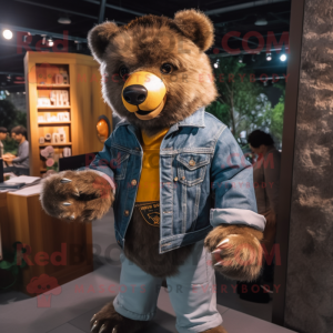 Gold Spectacled Bear mascot costume character dressed with a Boyfriend Jeans and Hairpins