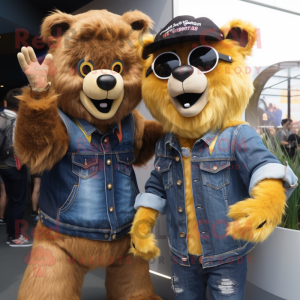 Gold Spectacled Bear mascot costume character dressed with a Boyfriend Jeans and Hairpins