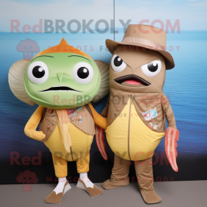 Brown Fish Tacos mascot costume character dressed with a Swimwear and Messenger bags