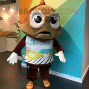 Brown Fish Tacos mascot costume character dressed with a Swimwear and Messenger bags