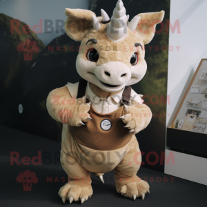 Beige Triceratops mascot costume character dressed with a Overalls and Bracelet watches