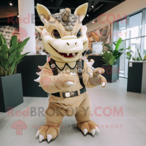 Beige Triceratops mascot costume character dressed with a Overalls and Bracelet watches