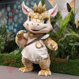 Beige Triceratops mascot costume character dressed with a Overalls and Bracelet watches
