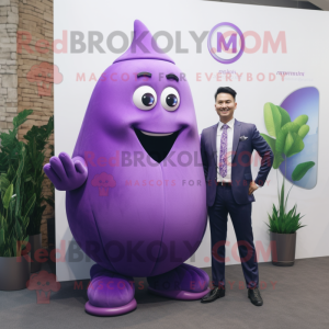 Purple Mango mascot costume character dressed with a Suit Jacket and Watches