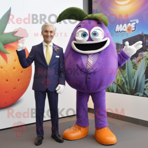 Purple Mango mascot costume character dressed with a Suit Jacket and Watches