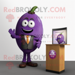 Purple Mango mascot costume character dressed with a Suit Jacket and Watches