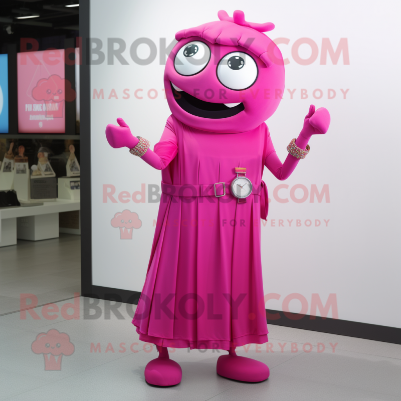 Magenta Wrist Watch mascot costume character dressed with a Sheath Dress and Wraps