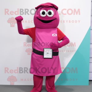 Magenta Wrist Watch mascot costume character dressed with a Sheath Dress and Wraps
