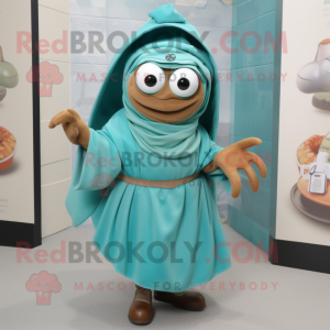 Teal Hermit Crab mascot costume character dressed with a Wrap Dress and Shoe clips