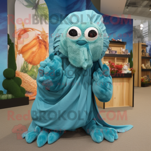 Teal Hermit Crab mascot costume character dressed with a Wrap Dress and Shoe clips