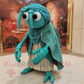 Teal Hermit Crab mascot costume character dressed with a Wrap Dress and Shoe clips