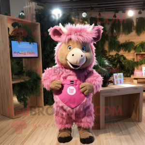 Pink Woolly Rhinoceros mascot costume character dressed with a Overalls and Hair clips