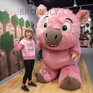 Pink Woolly Rhinoceros mascot costume character dressed with a Overalls and Hair clips