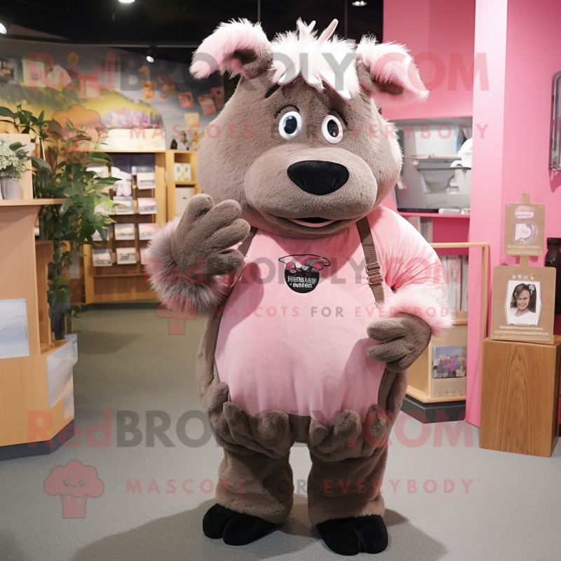 Pink Woolly Rhinoceros mascot costume character dressed with a Overalls and Hair clips