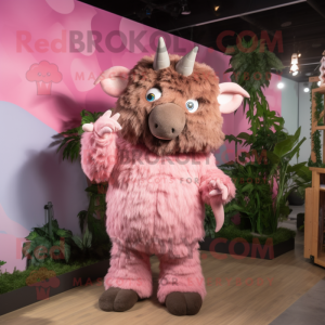 Pink Woolly Rhinoceros mascot costume character dressed with a Overalls and Hair clips