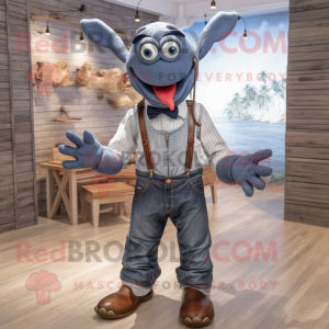 Gray Lobster mascot costume character dressed with a Chambray Shirt and Bow ties