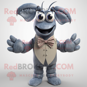 Gray Lobster mascot costume character dressed with a Chambray Shirt and Bow ties