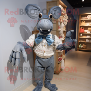 Gray Lobster mascot costume character dressed with a Chambray Shirt and Bow ties