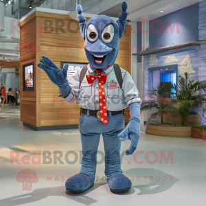 Gray Lobster mascot costume character dressed with a Chambray Shirt and Bow ties