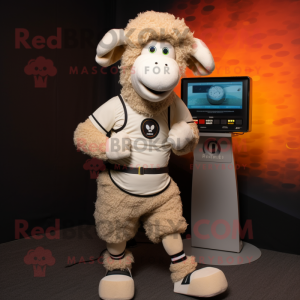 Tan Sheep mascot costume character dressed with a Joggers and Digital watches