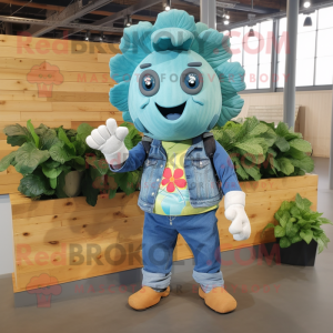 Turquoise Cauliflower mascot costume character dressed with a Chambray Shirt and Wraps
