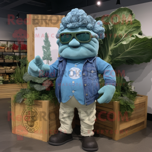 Turquoise Cauliflower mascot costume character dressed with a Chambray Shirt and Wraps