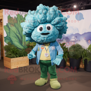 Turquoise Cauliflower mascot costume character dressed with a Chambray Shirt and Wraps