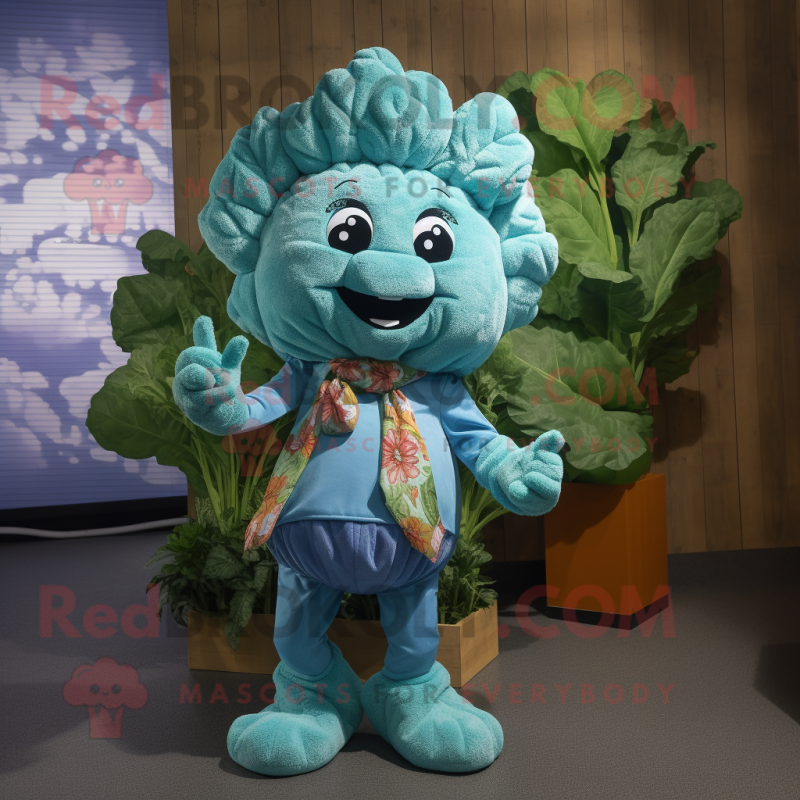 Turquoise Cauliflower mascot costume character dressed with a Chambray Shirt and Wraps