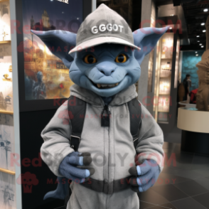 Gray Gargoyle mascot costume character dressed with a Hoodie and Berets