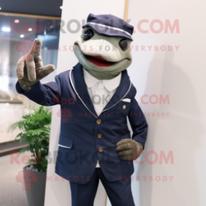 Navy Frog mascot costume character dressed with a Blazer and Tie pins