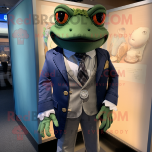 Navy Frog mascot costume character dressed with a Blazer and Tie pins