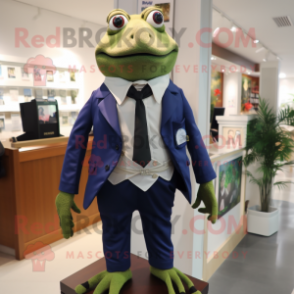 Navy Frog mascot costume character dressed with a Blazer and Tie pins