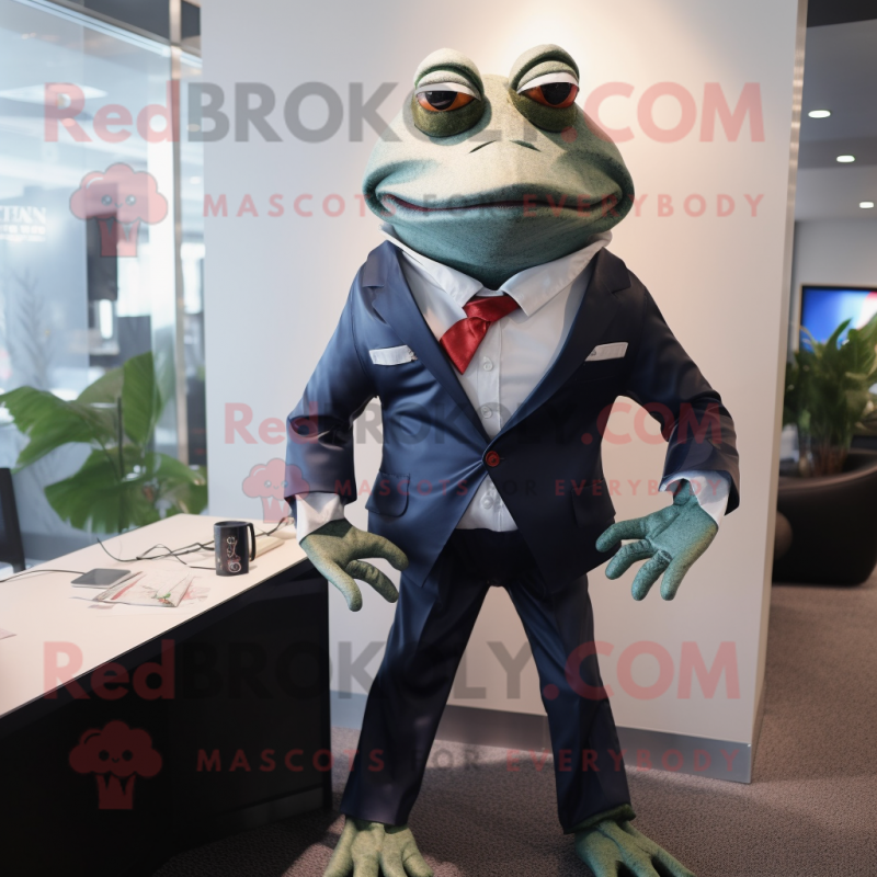 Navy Frog mascot costume character dressed with a Blazer and Tie pins