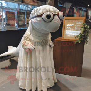 Brown Humpback Whale mascot costume character dressed with a Wedding Dress and Eyeglasses