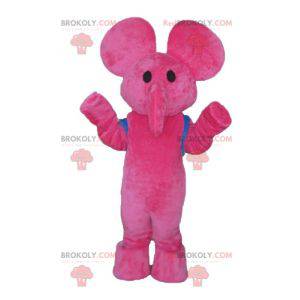 Pink elefant maskot med en blå skoletaske - Redbrokoly.com