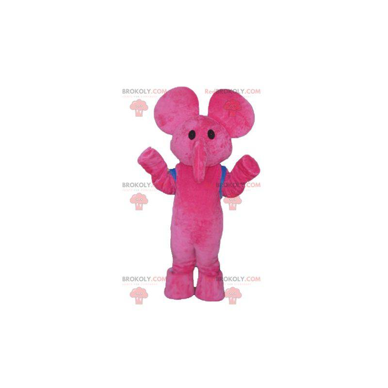 Rosa Elefantenmaskottchen mit einer blauen Schultasche -